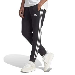 Men's Adidas Essentials Fleece Tapered Cuff 3-Stripe Track Joggers Black White L